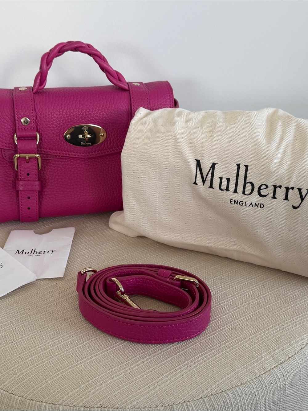Like New Mulberry Mini Alexa Fuchsia Pebbled Leather with Braided Handle